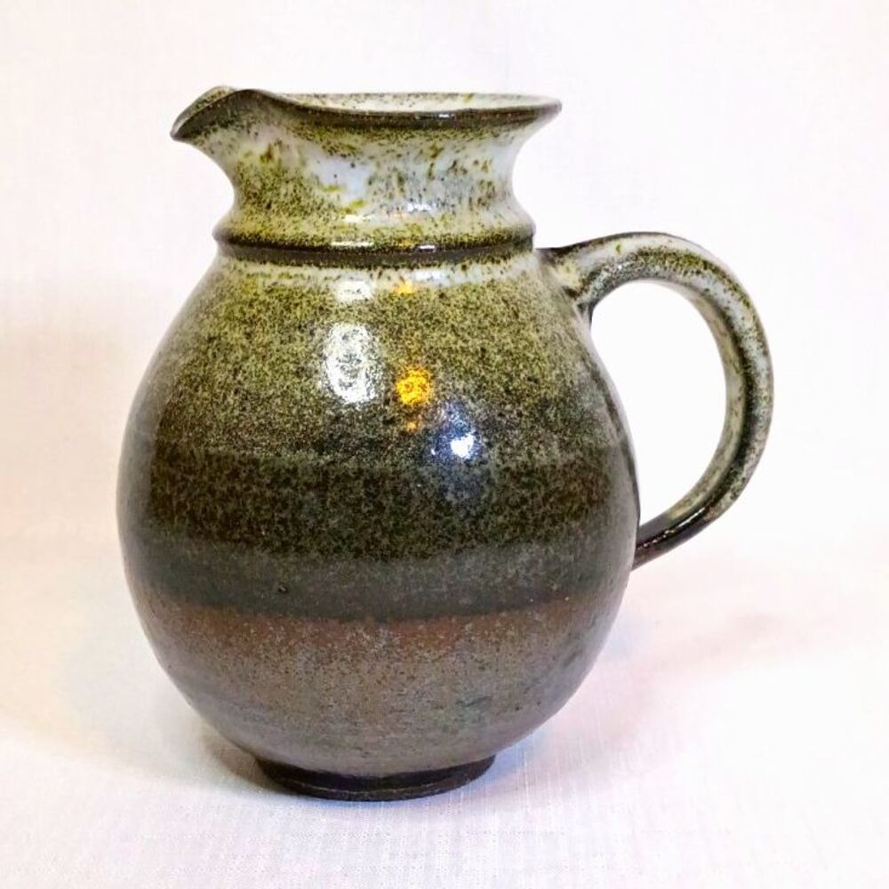 Vintage Raku Stoneware Pottery Pitcher Speckled Gray Brown White Glossy Handle